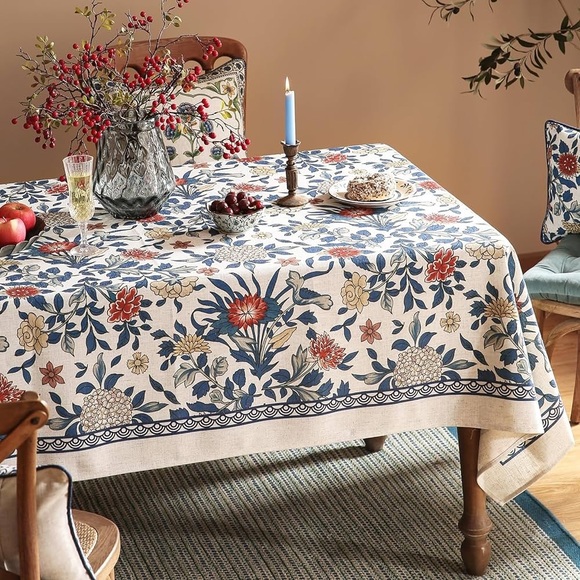 Patdrea Designer Blue Tablecloth For Rectangle Tables,Vintage Linen With Leaves - Picture 8 of 11